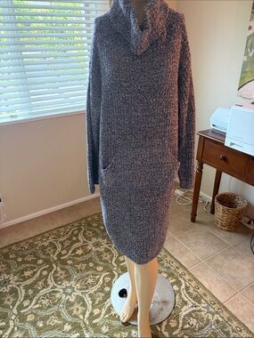 Soft Cowl Neck Knit Sweater Dress - Heather Gray